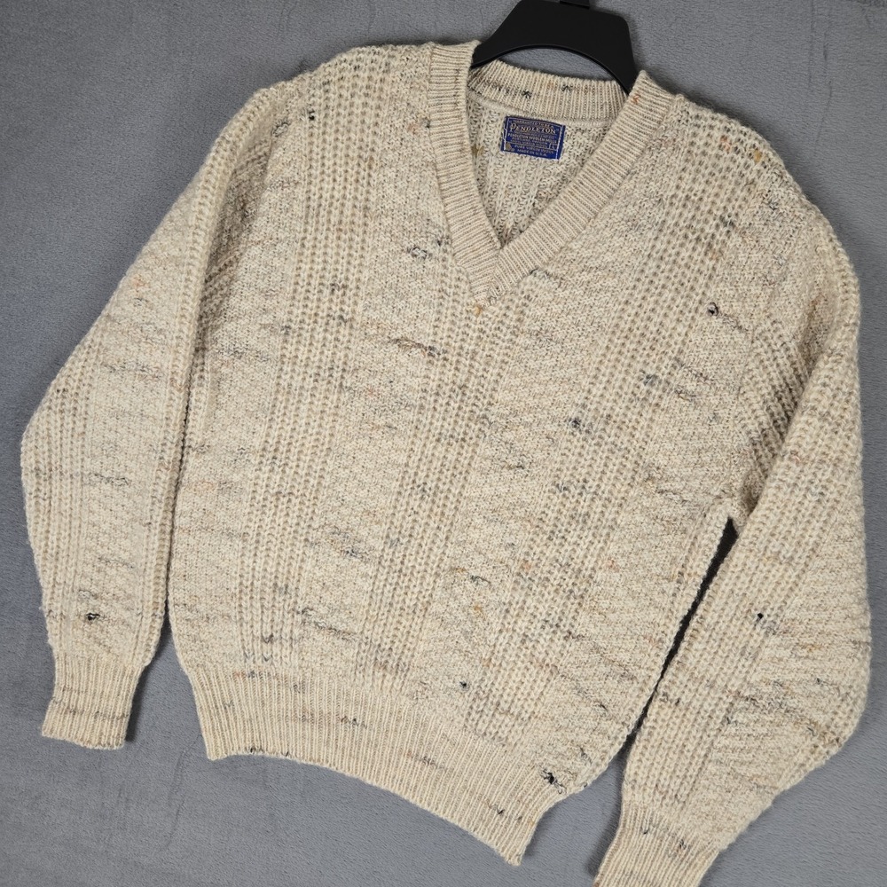 Pendleton Mens Large V-Neck Sweater 100% Virgin‎ Wool Cream Oatmeal Fleck USA